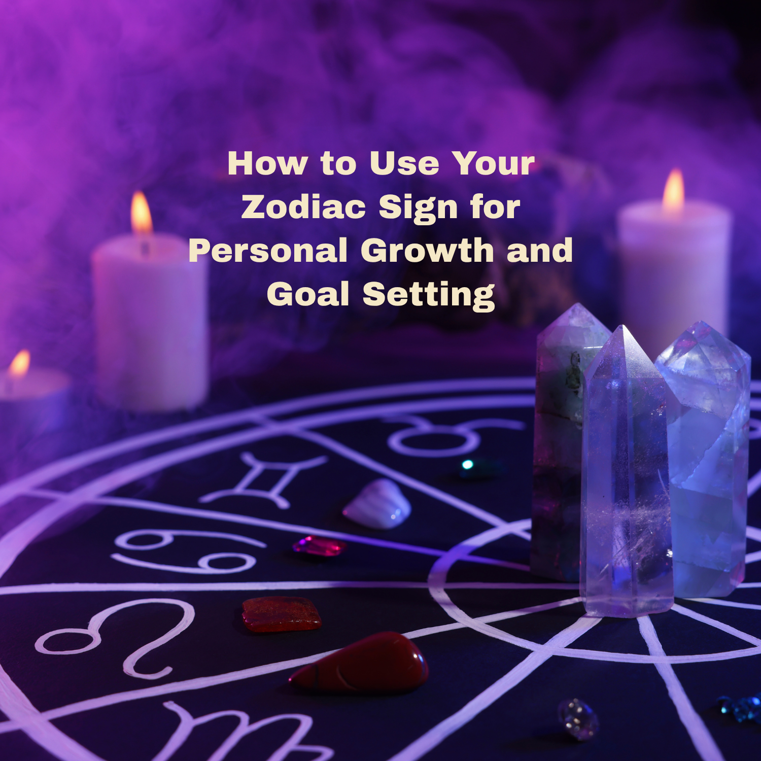 Zodiac Journaling blog post photo for How to Use Your Zodiac Sign for Personal Growth and Goal Setting. Astrology signs, candles and Healing stones with a purple background.