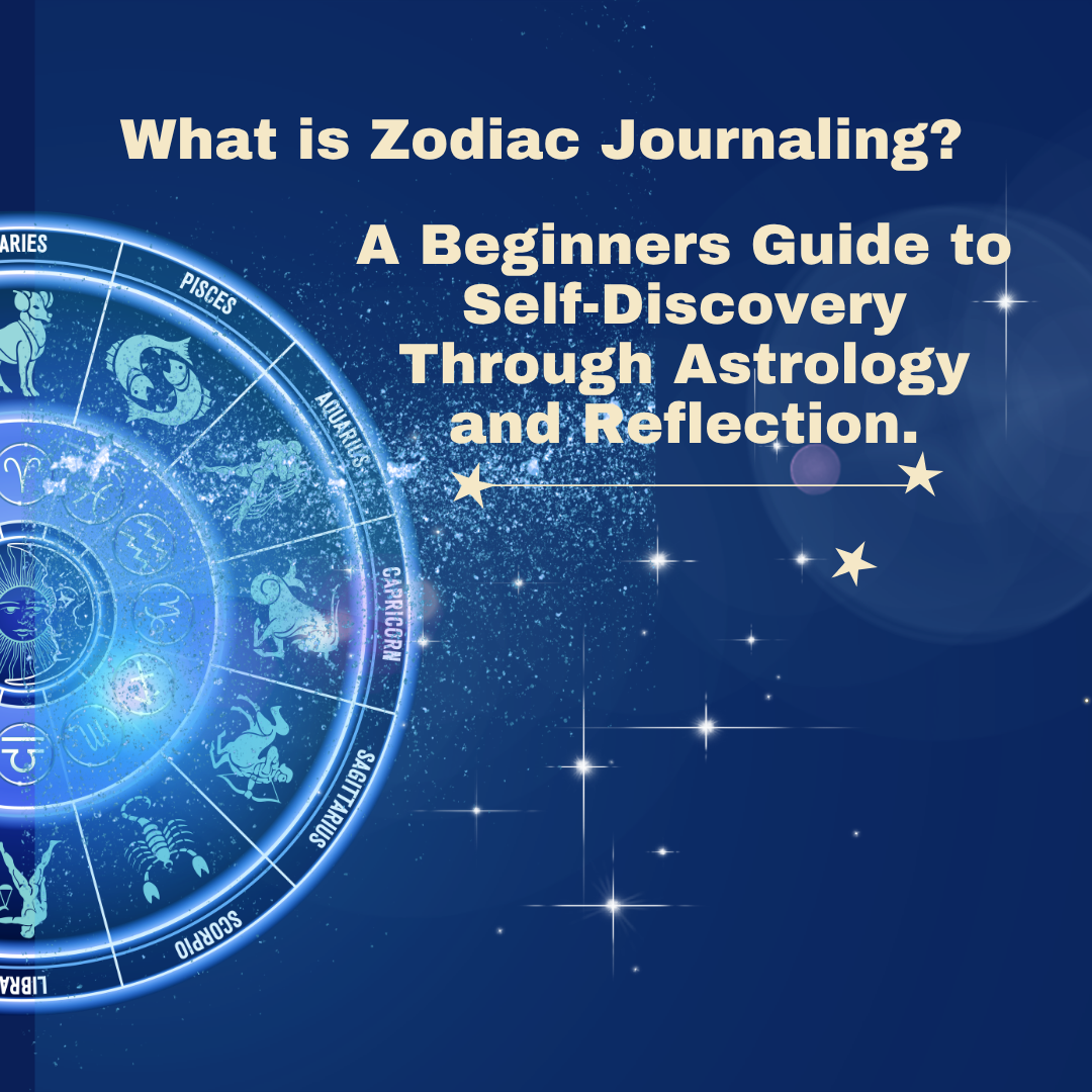 A wheel of zodiac signs with the text for the blog titled, What is Zodiac Journaling? A Beginners Guide to Self-Discovery Through Astrology and Reflection.