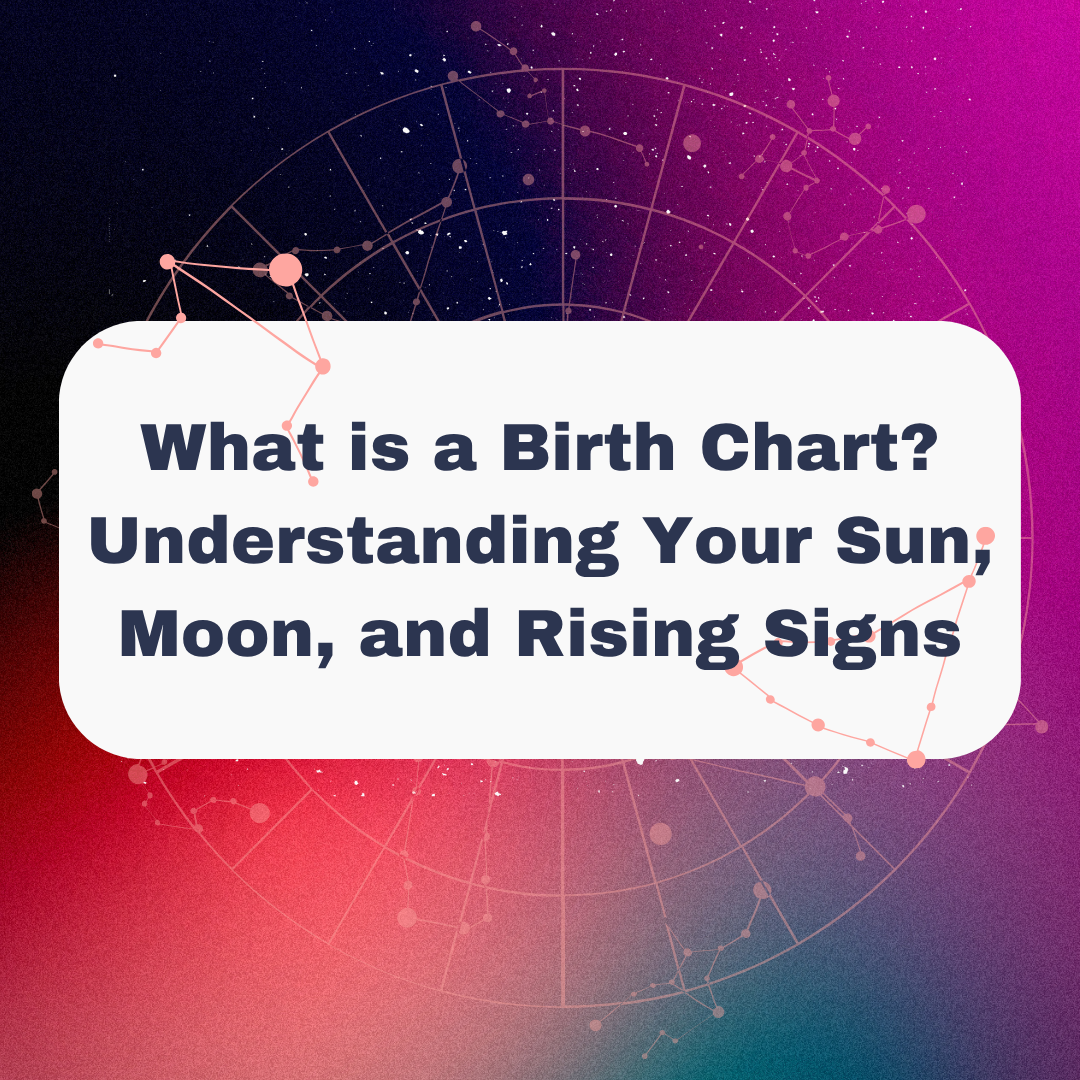 Zodiac signs and Images on a colorful background with the title for the blog called, "What is a Birth Chart? Understanding Your Sun, Moon, and Rising Signs" for ZodiacJournaling.com