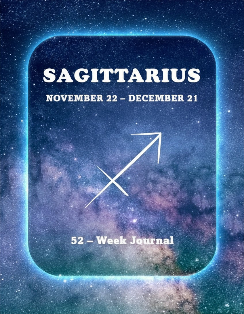 Sagittarius 52-Week zodiac journal cover with starry night design for digital download illustration