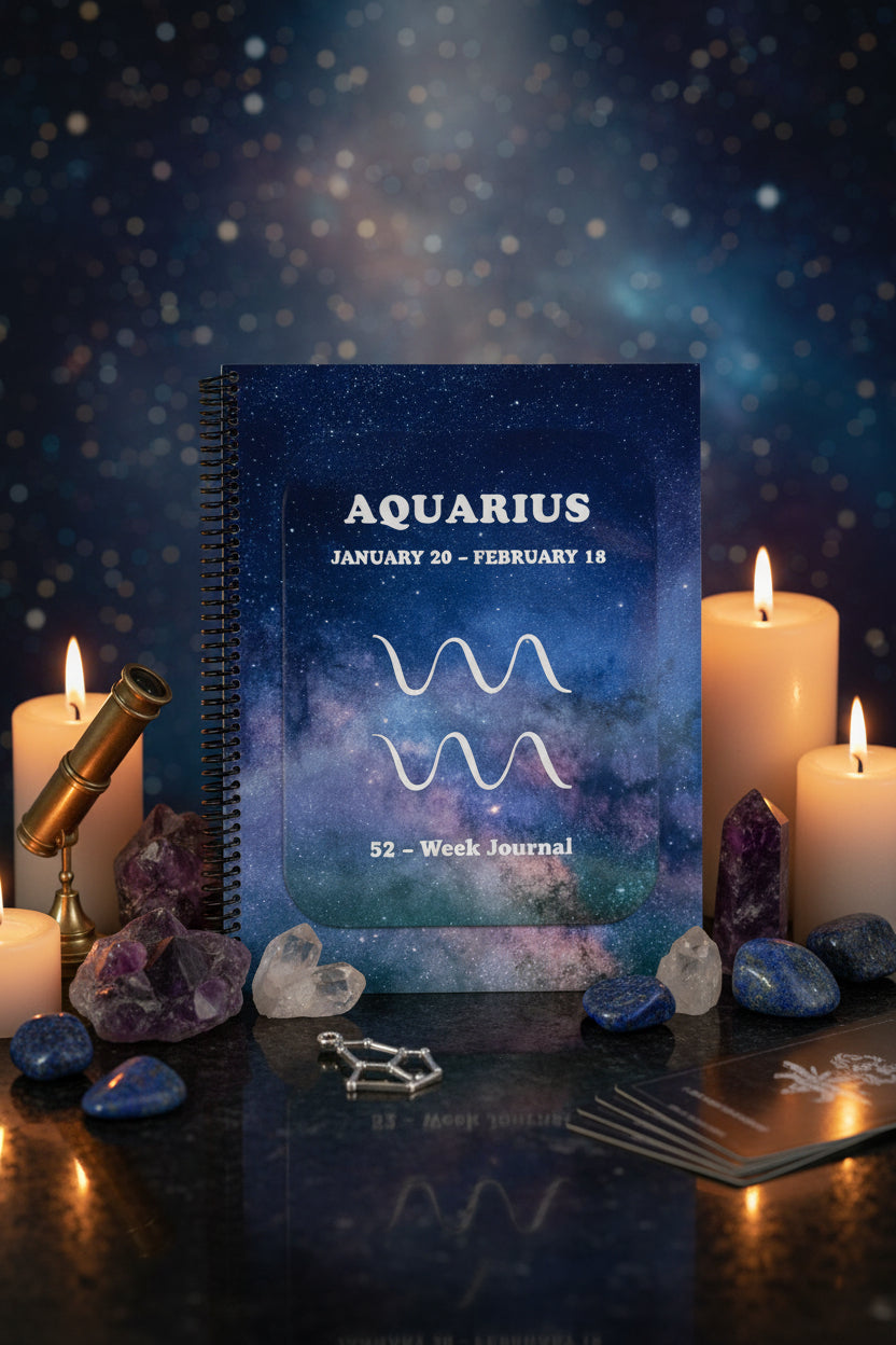 Aquarius 52-Week Zodiac Journal with candles and healing stones in a zodiac setting