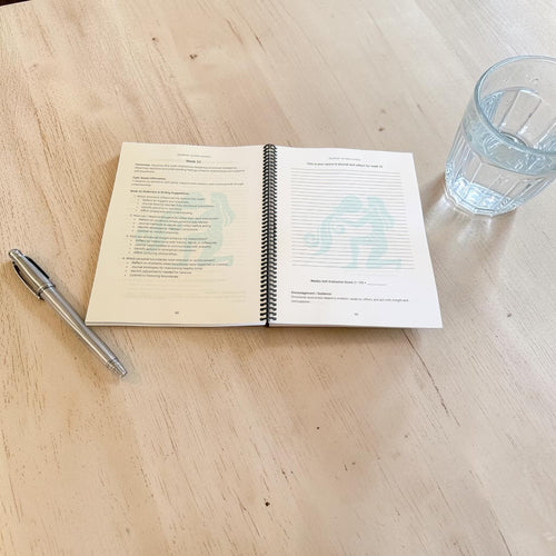 Aquarius 52-Week Zodiac Journal on a table top opened to an interior lay-flat position.