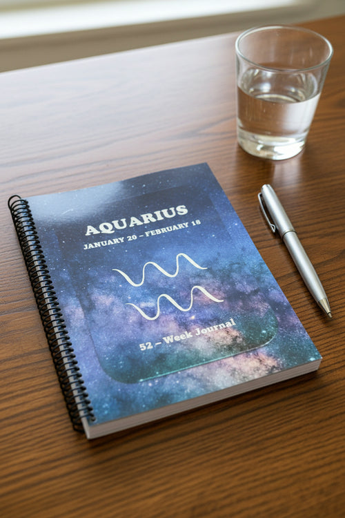 Aquarius 52-Week Zodiac Journal on a wooden table with a pen and glass of water next it.