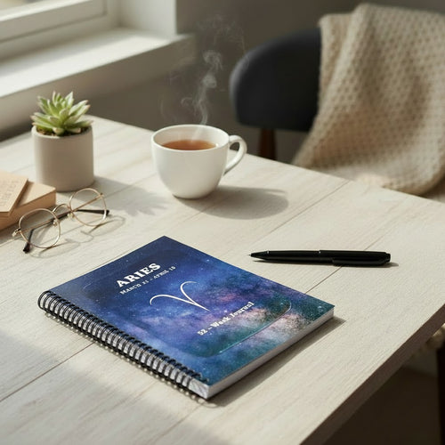 Aries 52-Week Zodiac journal on a table with a pen and a cup of coffee.