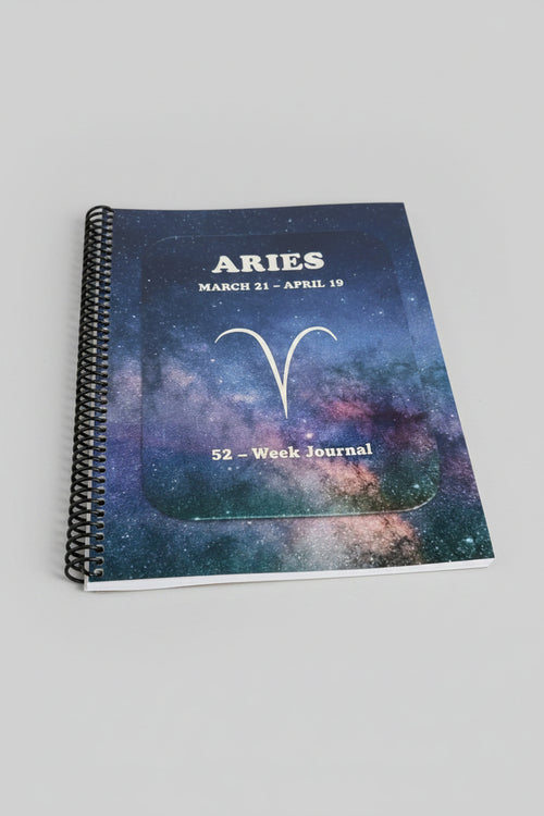 Aries 52-Week Zodiac Spiral-Bound Journal with a grey studio background.