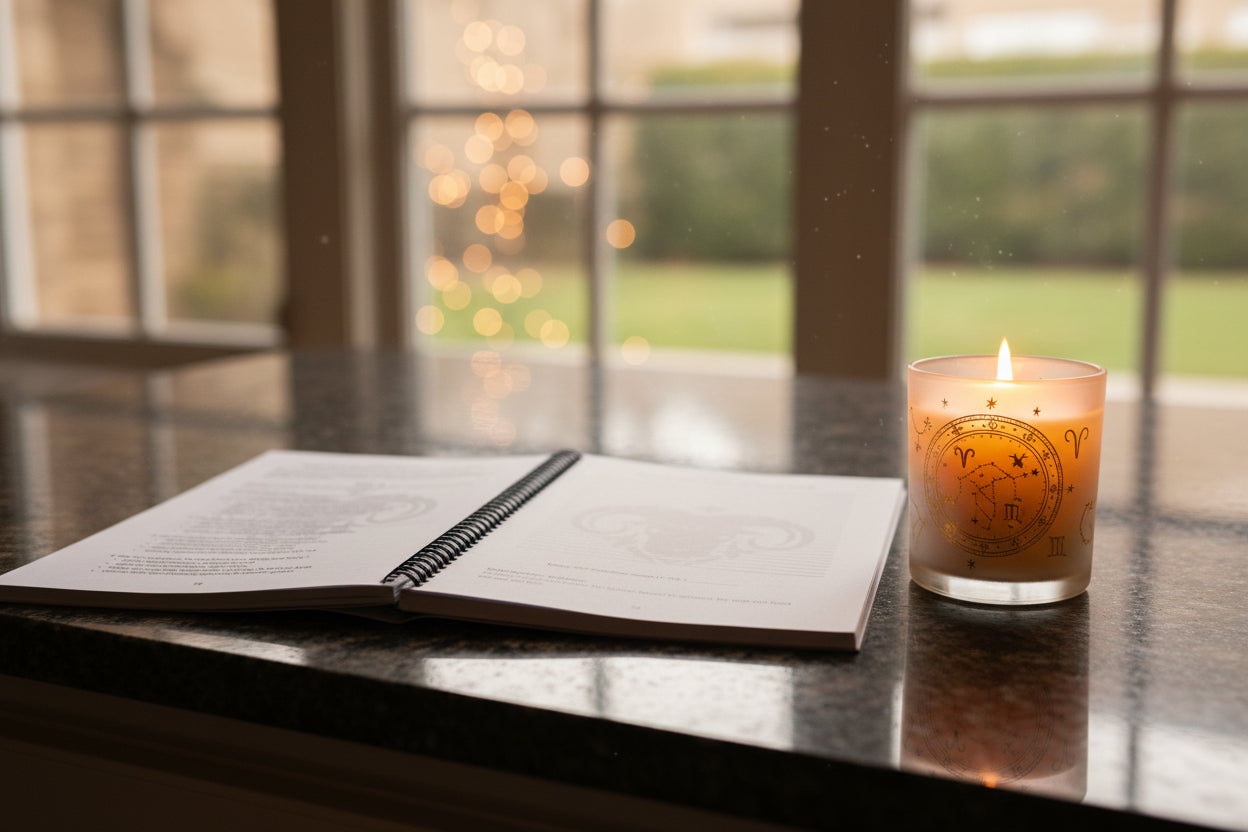 Aries 52-Week Zodiac Spiral-Bound Journal on a granite table with a zodiac candle looking outside a window.