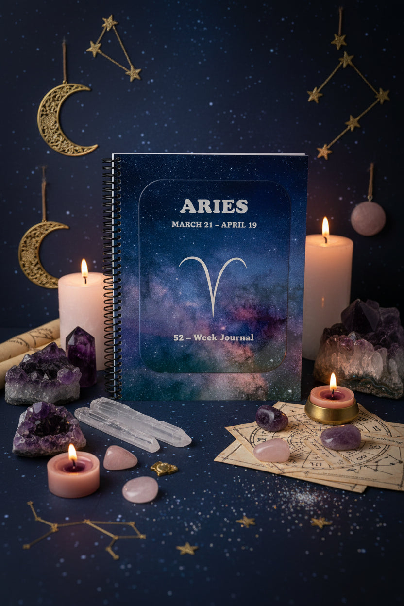 Aries 52-Week Zodiac Spiral-Bound Journal in a zodiac theme setting. 
