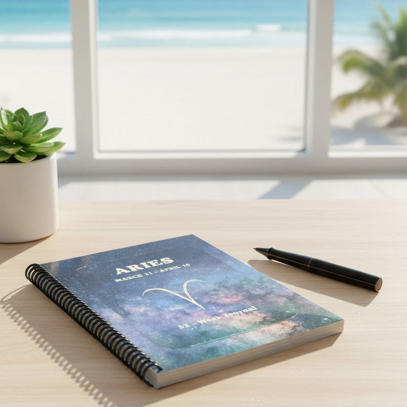Aries 52-week Zodiac journal on a wooden surface with a pen next to it.