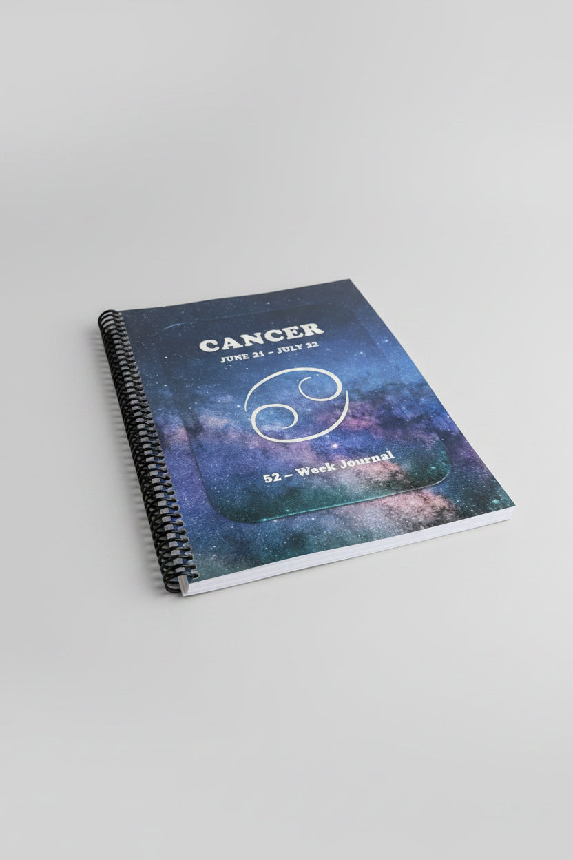 Cancer 52-Week Zodiac spiral-bound Journal with light gray studio background.