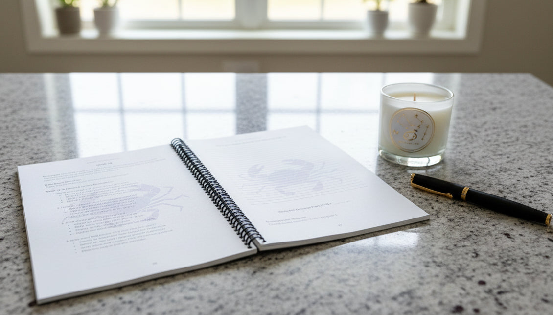 Cancer 52-Week Zodiac Spiral-bound Journal on a granite counter top with a pen and a candle.