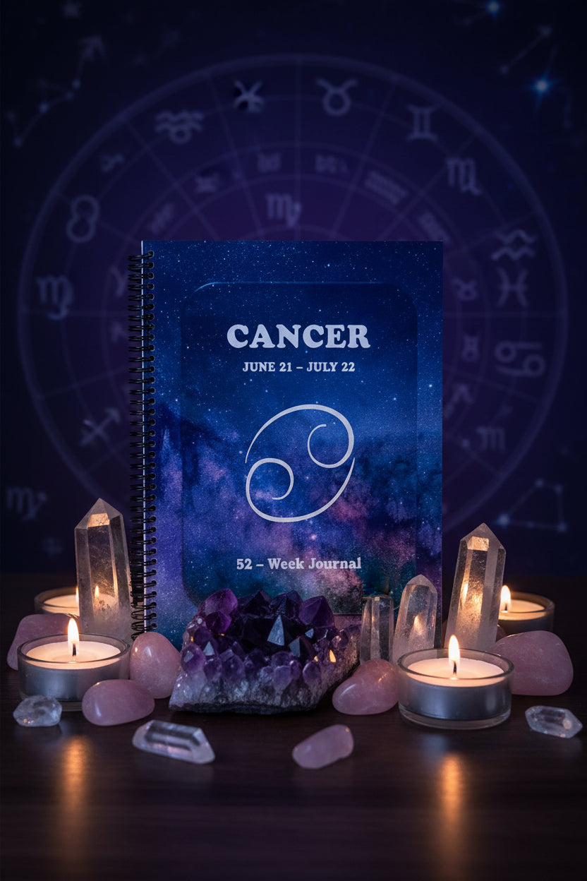 Cancer 52-Week Zodiac Spiral-Bound Journal in a zodiac theme setting with healing crystals and candles.