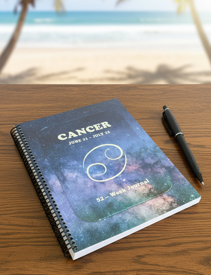 Cancer 52-Week Zodiac Journal on a table with a pen next to it and the beach in the background