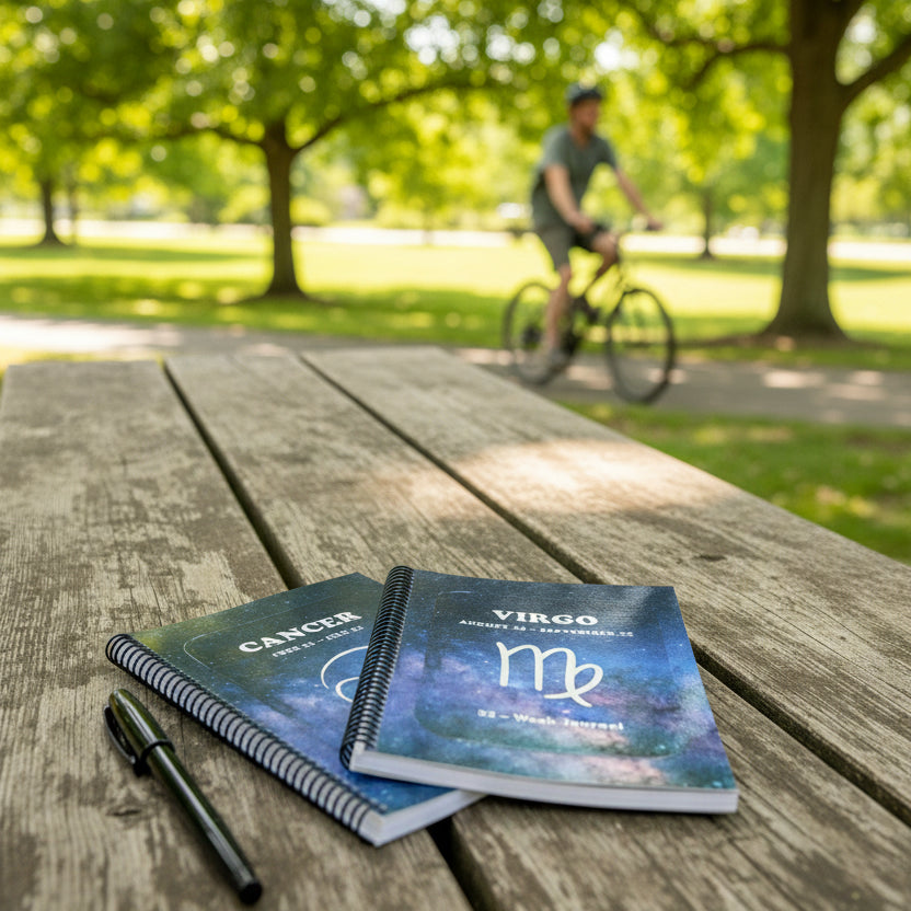 Virgo and Cancer 52-Week journals on a picnic table in relaxing park atmosphere. 
