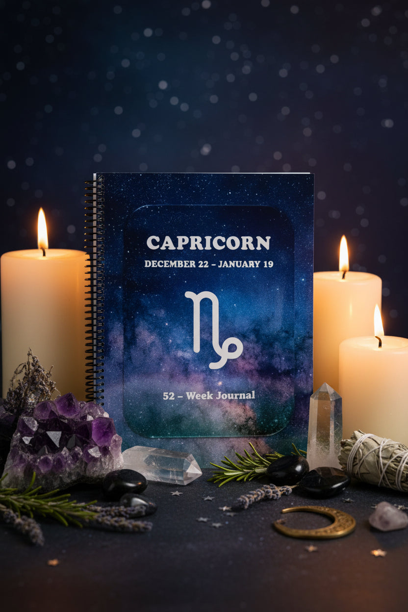 Capricorn 52-week Zodiac journal on a table with candles and healing stones