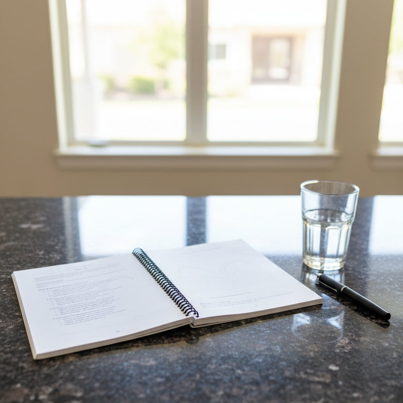 Capricorn 52-week Zodiac journal on countertop with a pen and a glass of water near a window looking outside
