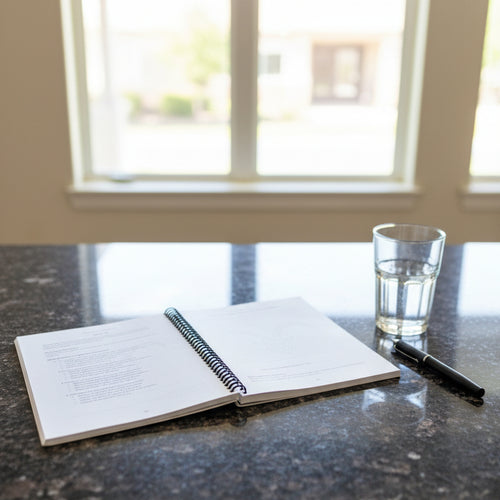 Capricorn 52-week Zodiac journal on countertop with a pen and a glass of water near a window looking outside