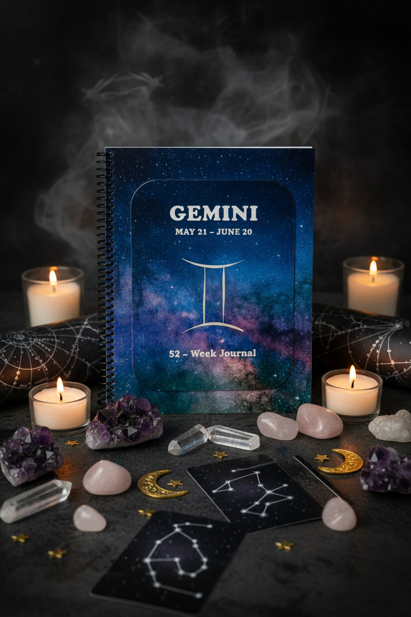 Gemini 52-Week Zodiac Spiral-Bound Journal in a zodiac theme setting with healing crystals and candles.