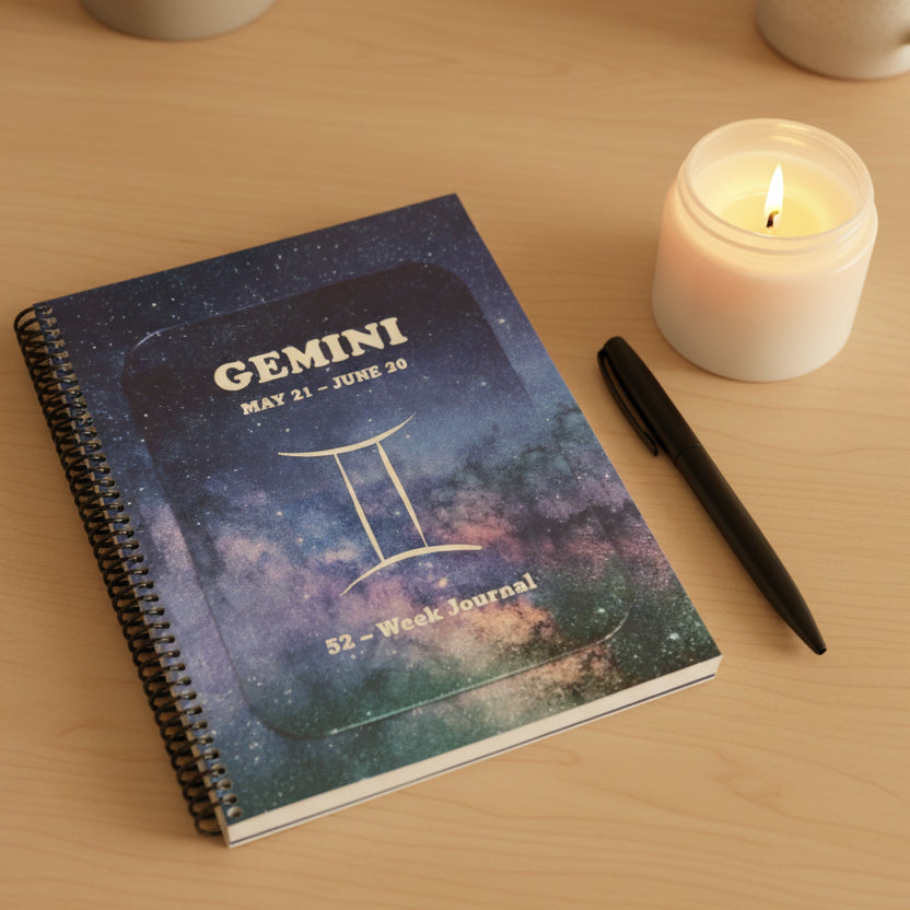 Gemini 52-Week Zodiac journal with a pen and candle on a light colored wooden table