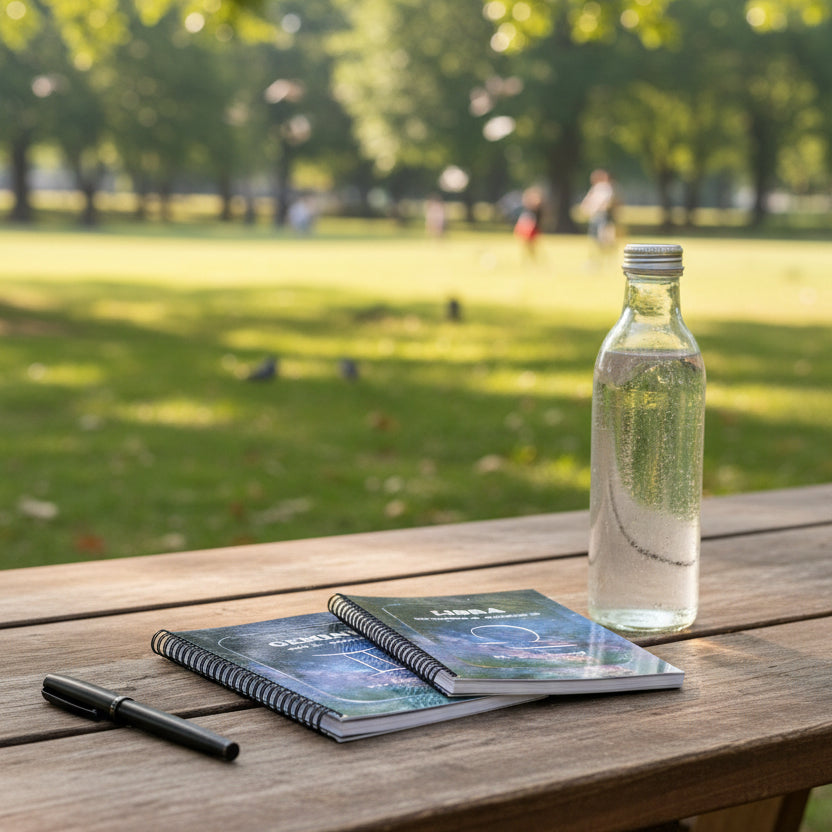Gemini and Libra 52-Week Spiral-Bound Journals on a picnic table at a park with a pen and water bottle next to them.