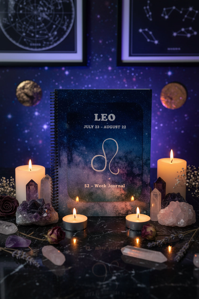 Leo 52-Week Zodiac Journal with a Zodiac theme around it including crystals and candles.