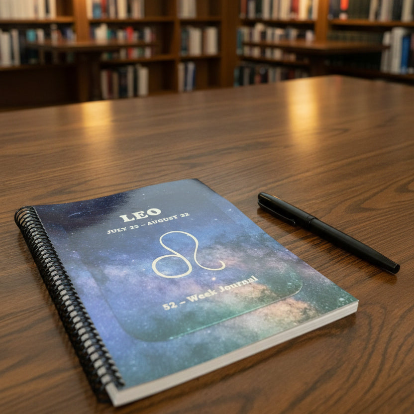 Leo 52-Week Zodiac Journal on a table in a library setting with a pen next to it.