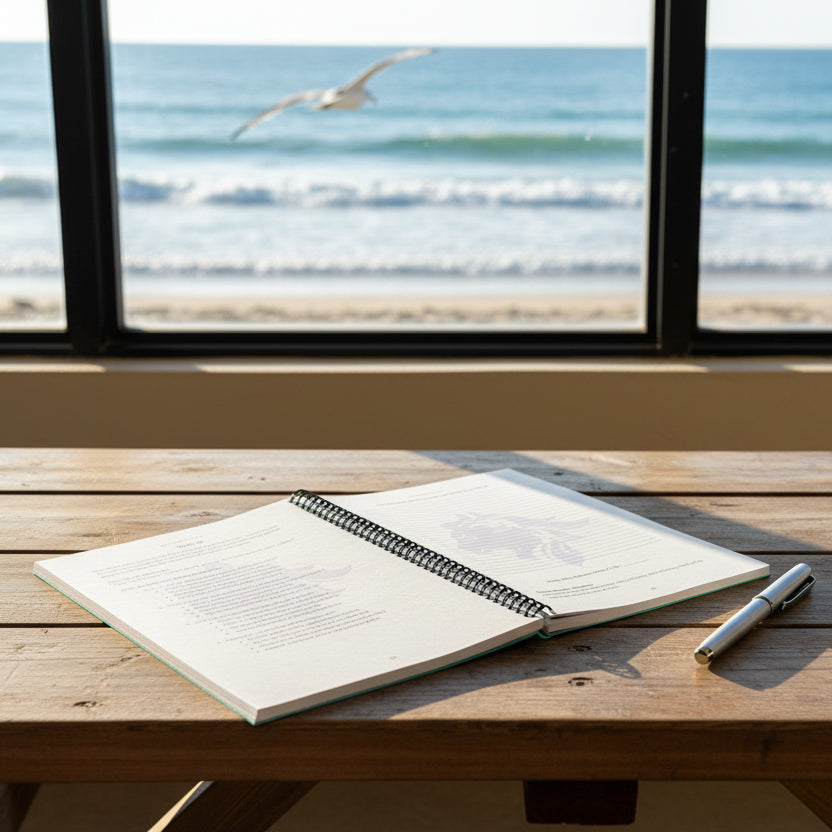 Leo 52-Week Zodiac Journal opened up in a lay-flat position with a pen next to it on a table. situated near a window. 