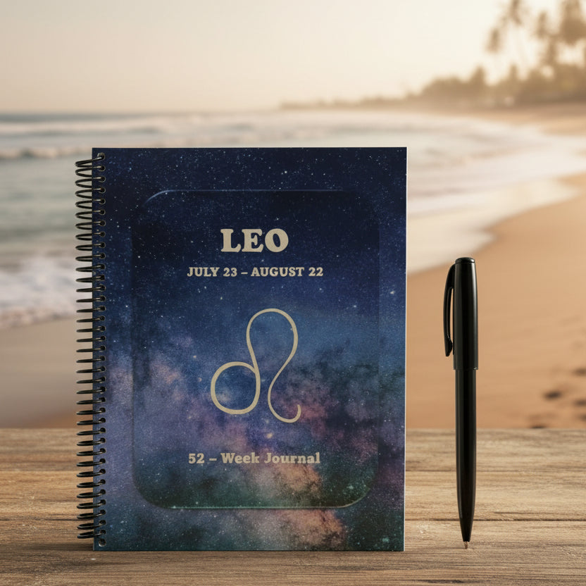 Leo 52-Week Zodiac Journal on a wooden surface with a beach in the background
