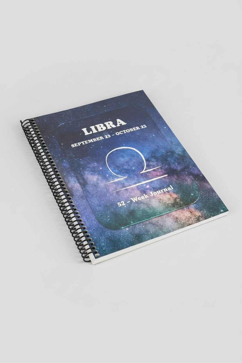 Libra 52-Week Zodiac Journal with a grey studio background