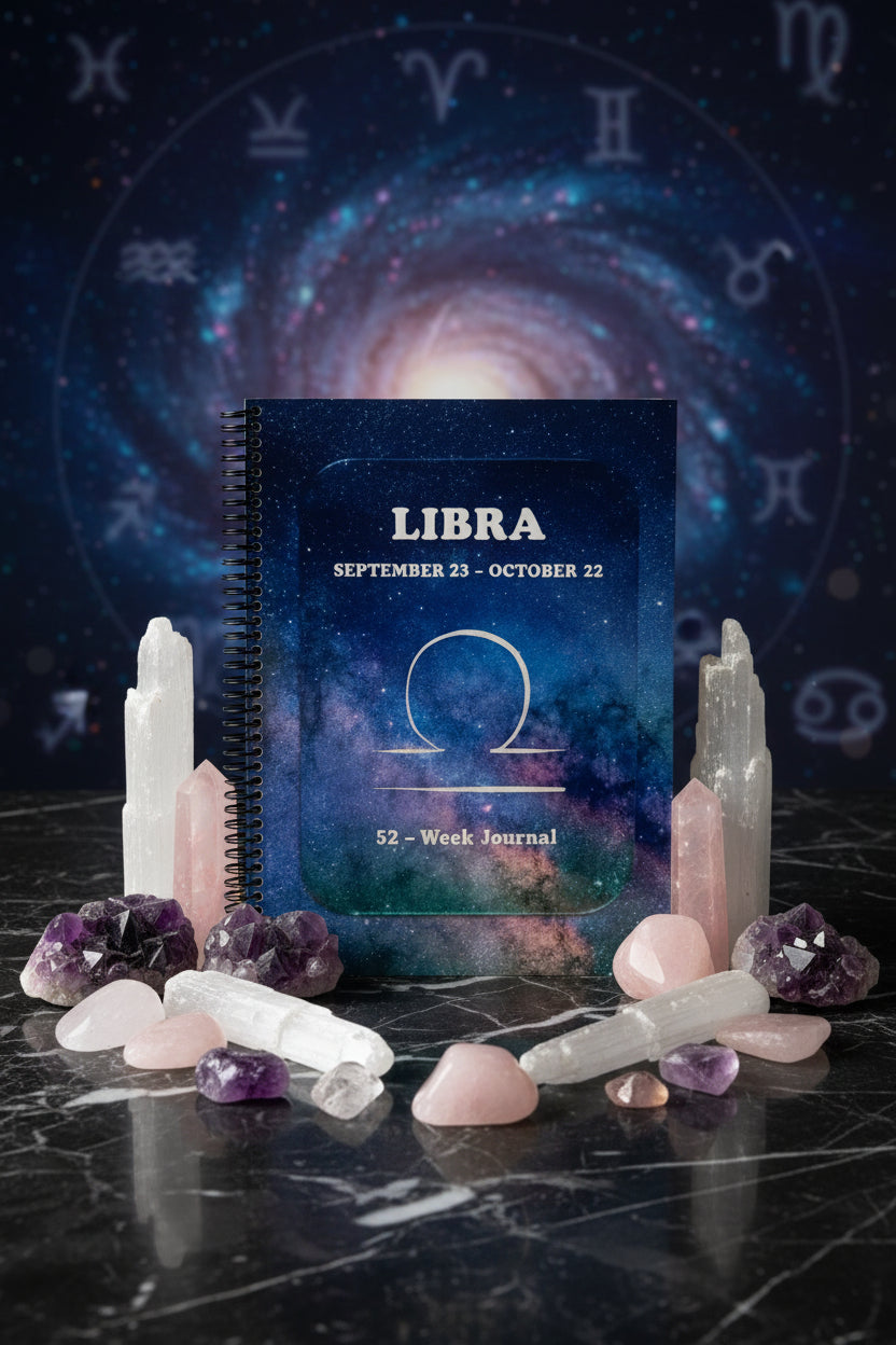 Libra 52-Week Zodiac Journal in a zodiac theme setting with healing crystals around the journal.