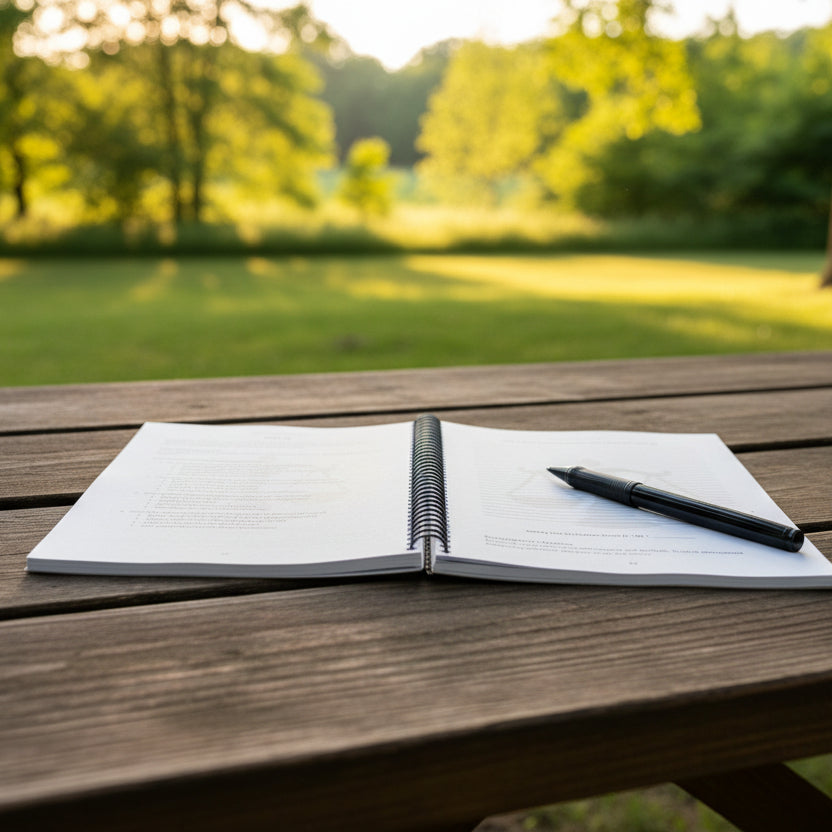 Libra 52-week Zodiac Journal opened up spread of the book on a picnic table in a park with pen.