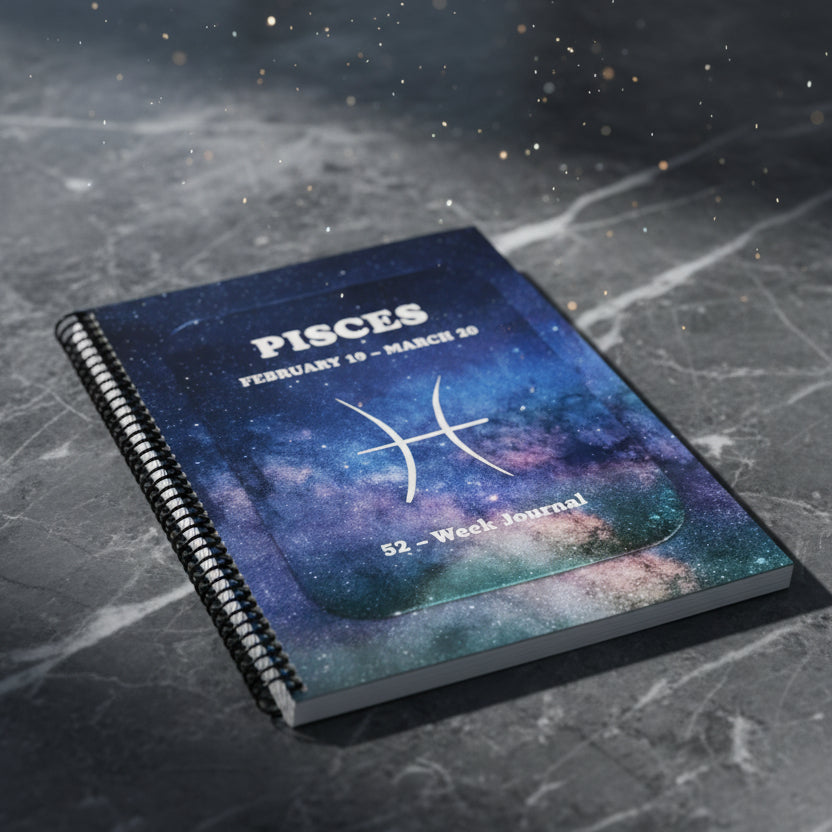 Pisces 52-Week Zodiac spiral-bound Journal on a marble countertop