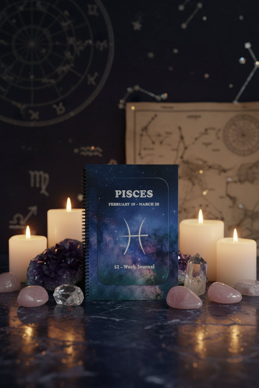 Pisces 52-Week Zodiac Journal on display surrounded my healing stones and candles