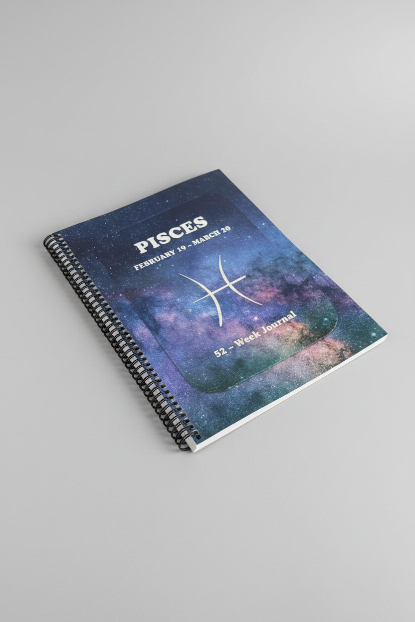 Pisces 52-Week Zodiac Journal with light grey studio background