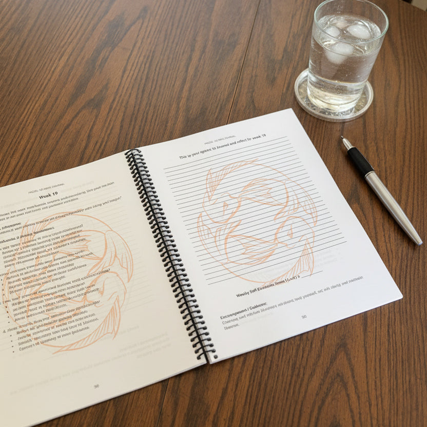 Pisces 52-Week Journal opened to interior pages for lay-flat illustration with a glass of water and pen on a table