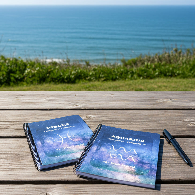 52-Week journals outside on a picnic table near a view of the ocean