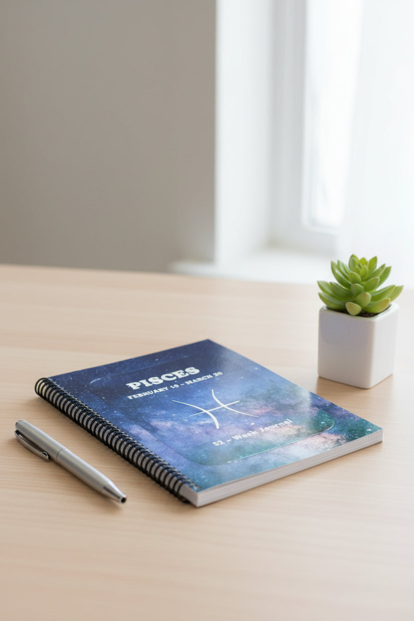 Pisces 52-week zodiac journal on a wooden table with a pen and small plant next to the journal. 