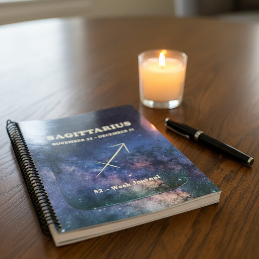Sagittarius 52-Week Zodiac Journal on a wooden table with a candle and pen next to it.