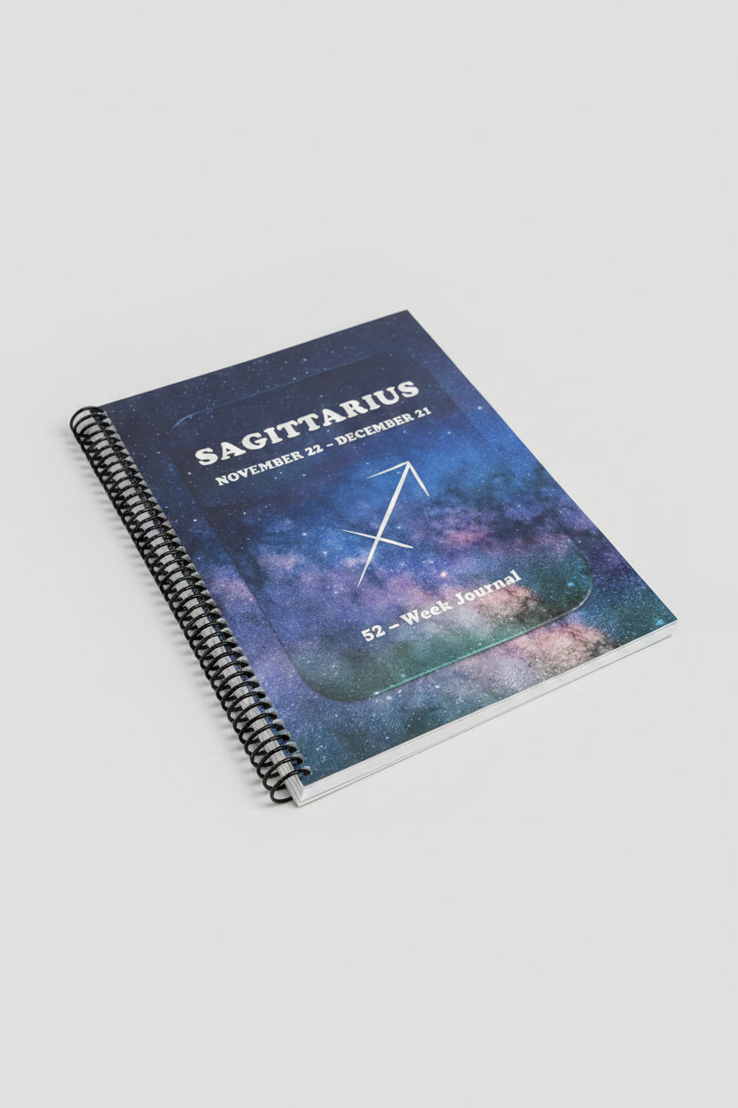 Sagittarius 52-Week Zodiac Journal with grey background.