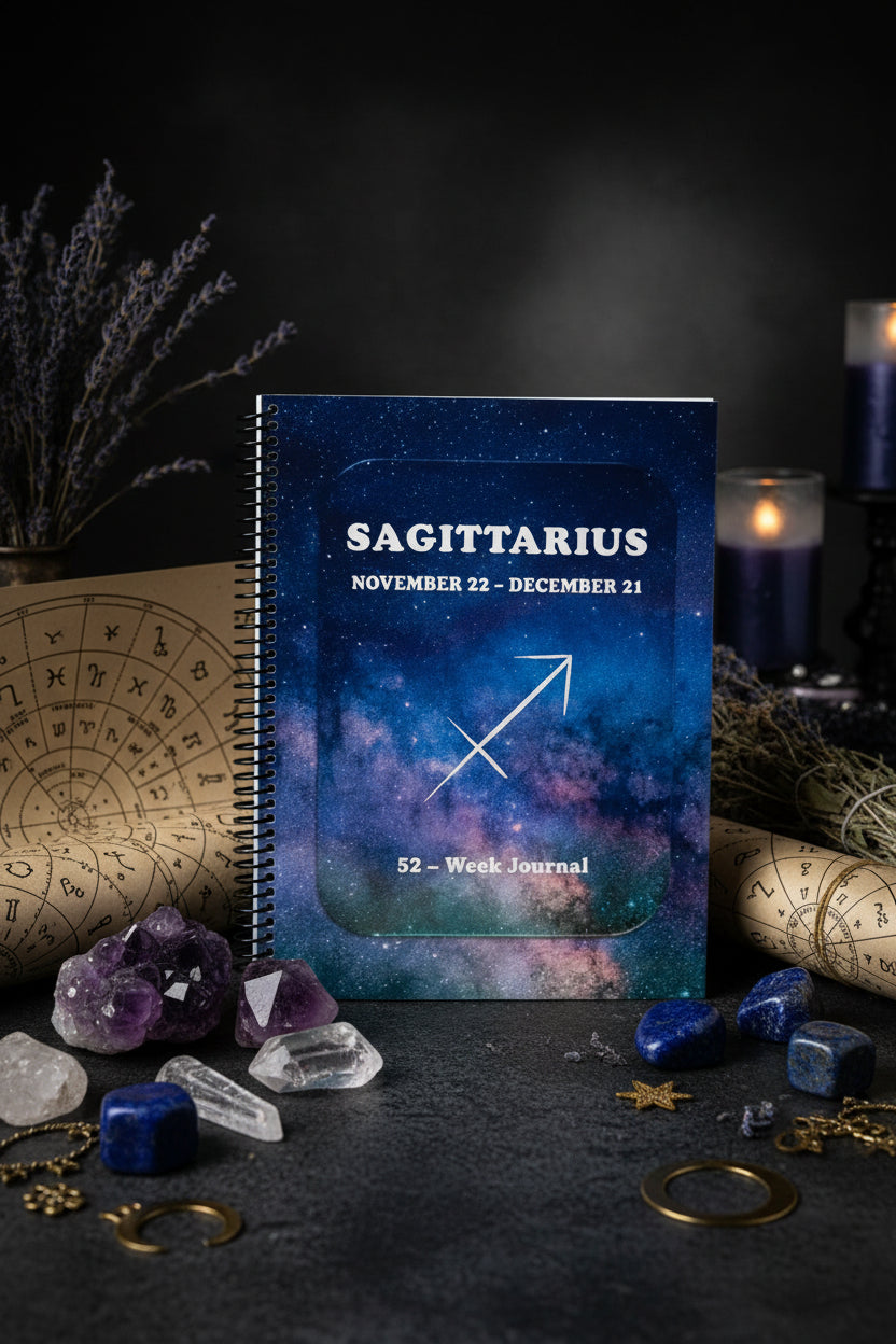 Sagittarius 52-Week Zodiac Journal on a table in upright position with zodiac theme items and healing stones.
