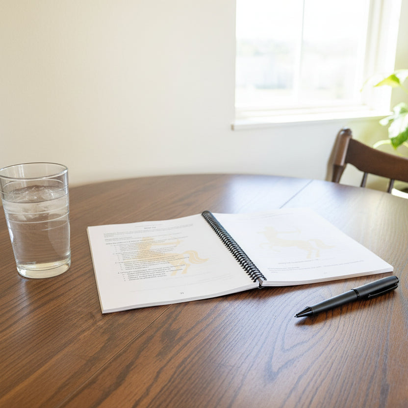 Sagittarius 52-Week Zodiac Journal on a table near a window with a pen on the table.
