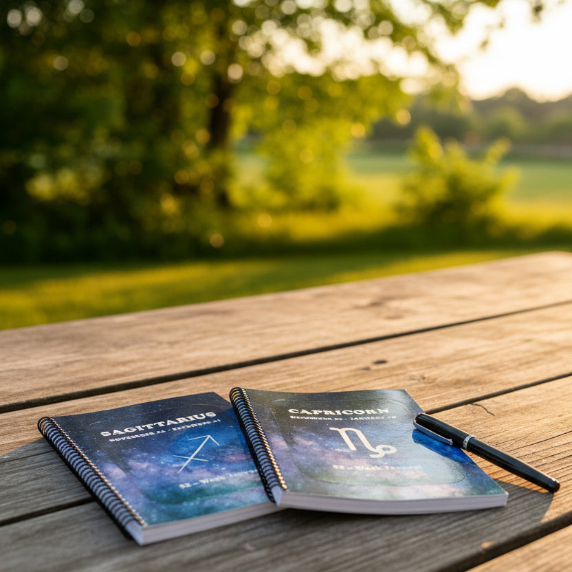Capricorn and Sagittarius 52-week zodiac journals on a picnic table in a park-like setting