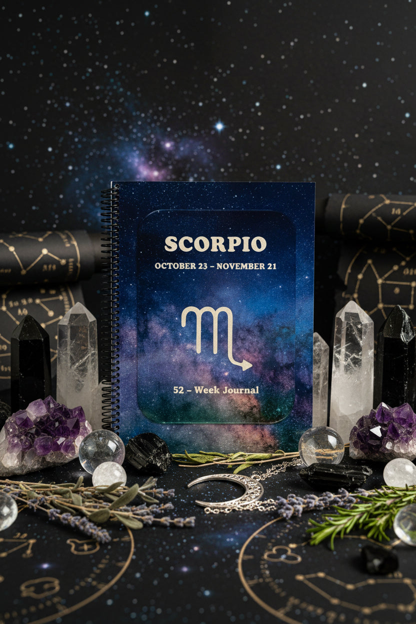 Scorpio 52-Week Zodiac Journal in upright position in Zodiac theme with healing crystals.