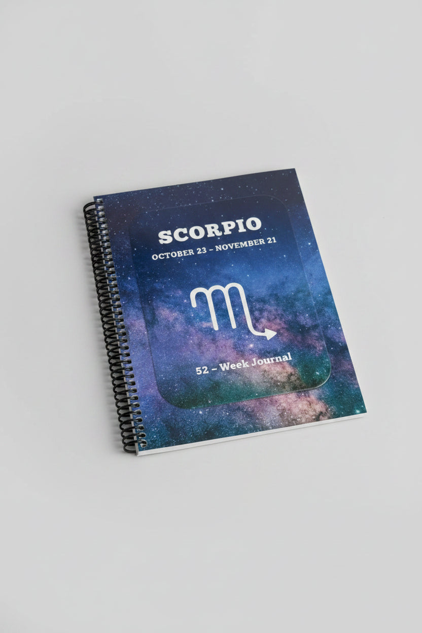 Scorpio 52-Week journal with a grey background.