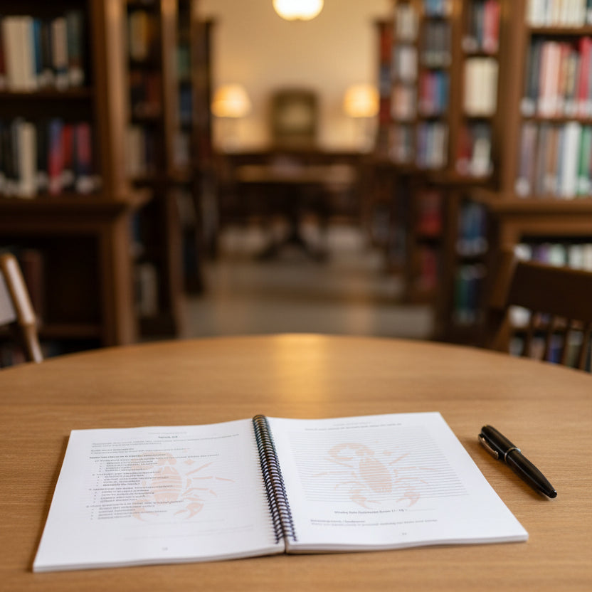 Scorpio 52-Week Zodiac Journal on a table in a library with a pen.