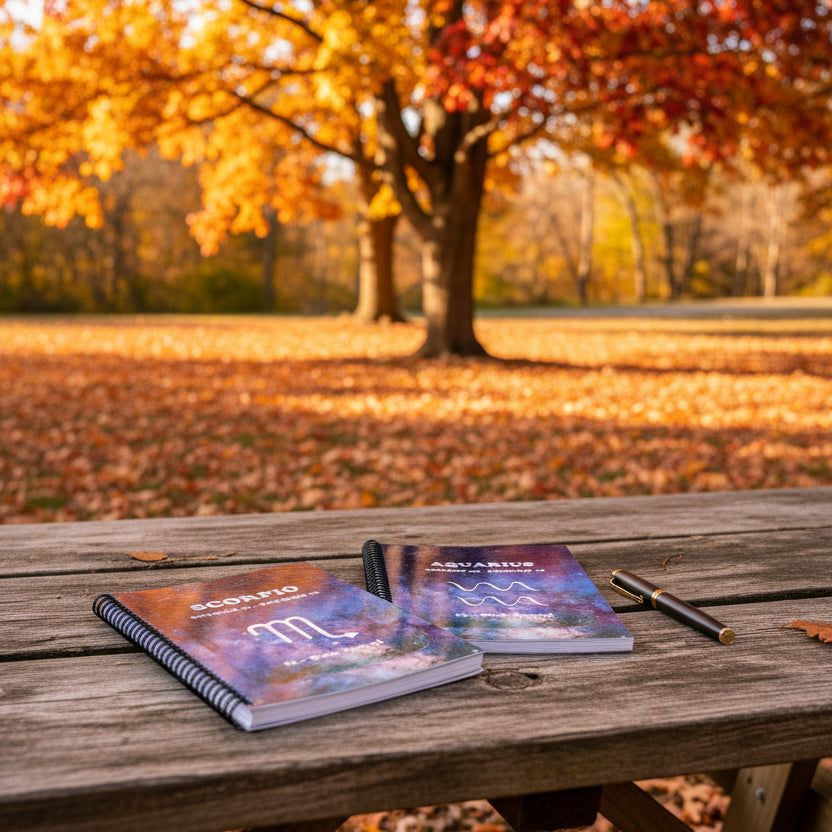 Scorpio and Aquarius 52-Week journals on a picnic table in a fall/autumn setting in a park. 