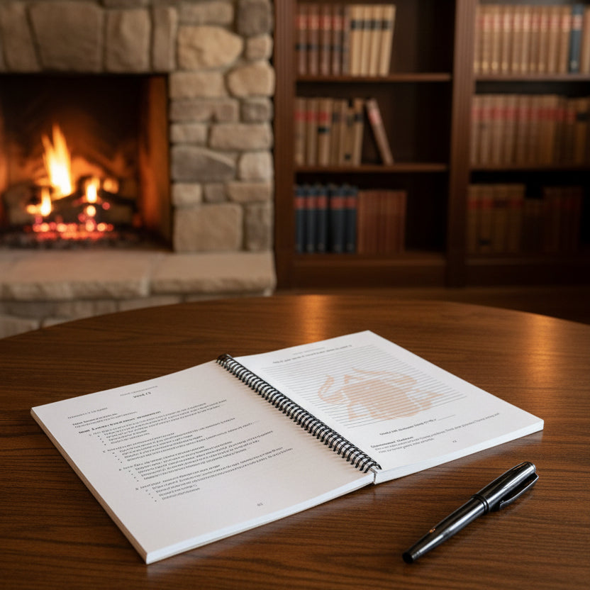 Taurus 52-Week Zodiac Spiral-Bound Journal in a library with a pen and a fireplace in the background.