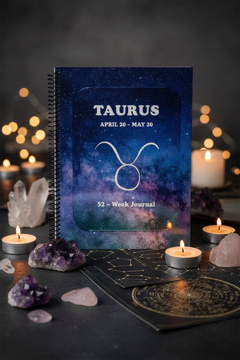 Taurus 52-Week Zodiac Spiral-Bound Journal surrounded by a zodiac theme with healing crystals and candles.