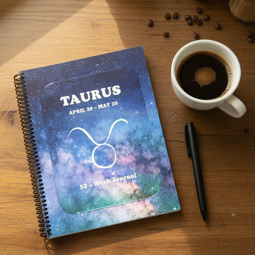 Taurus 52-Week Zodiac journal on a table with a black pen and cup of coffee next to the journal