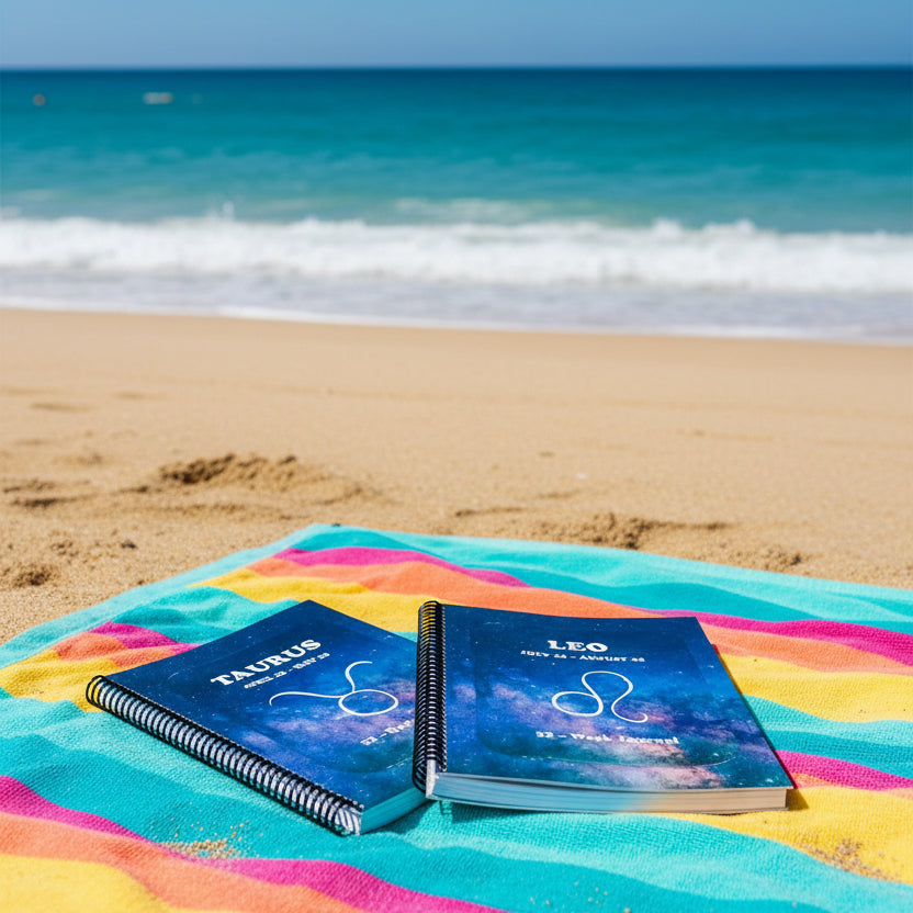 Taurus and Leo 52-Week Spiral-Bound Journals on a beach towel at the beach with the ocean in the background.