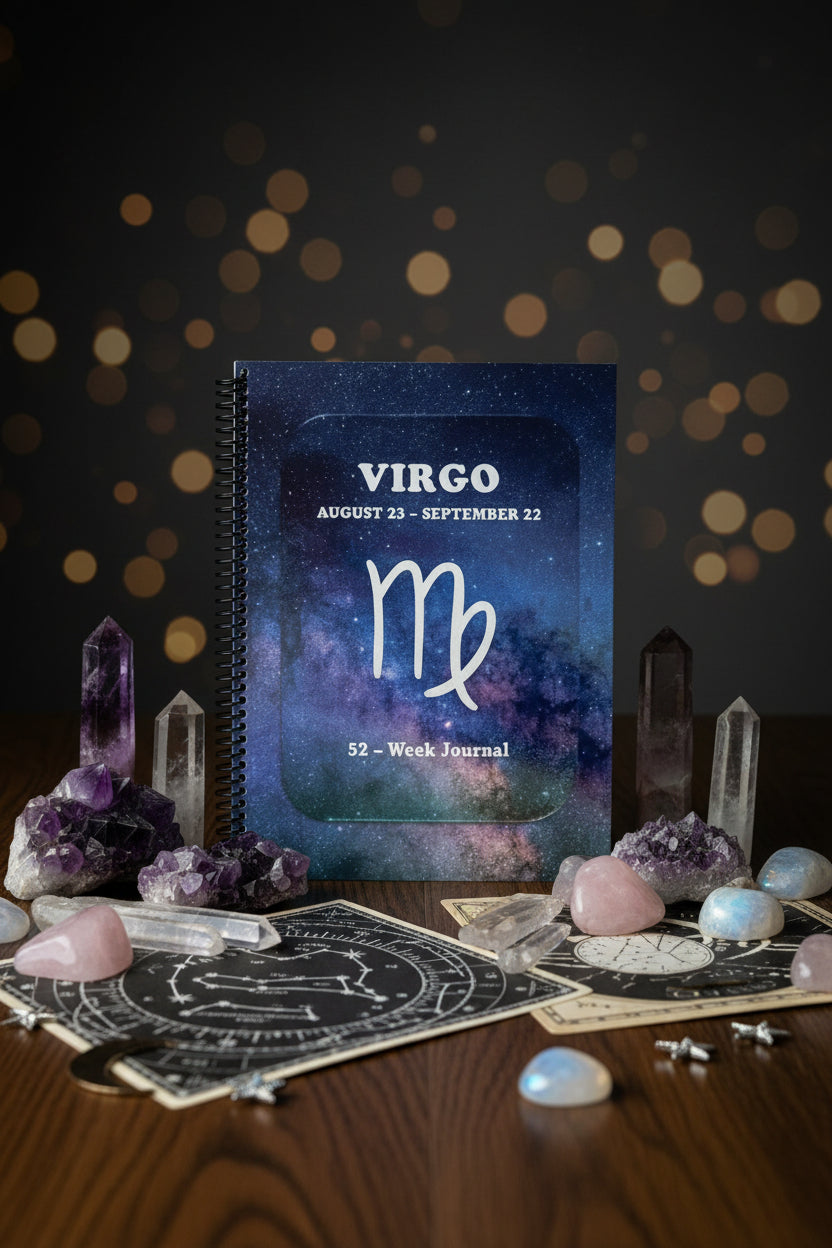 Virgo 52-Week Zodiac Spiral-bound journal on a wooden surface with a healing crystals and a zodiac theme around it.